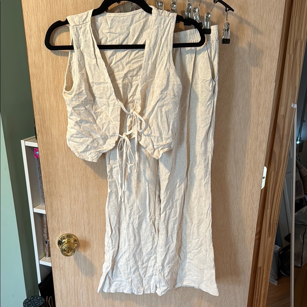 Chic Cream Tie-Front Top and Pants Set
